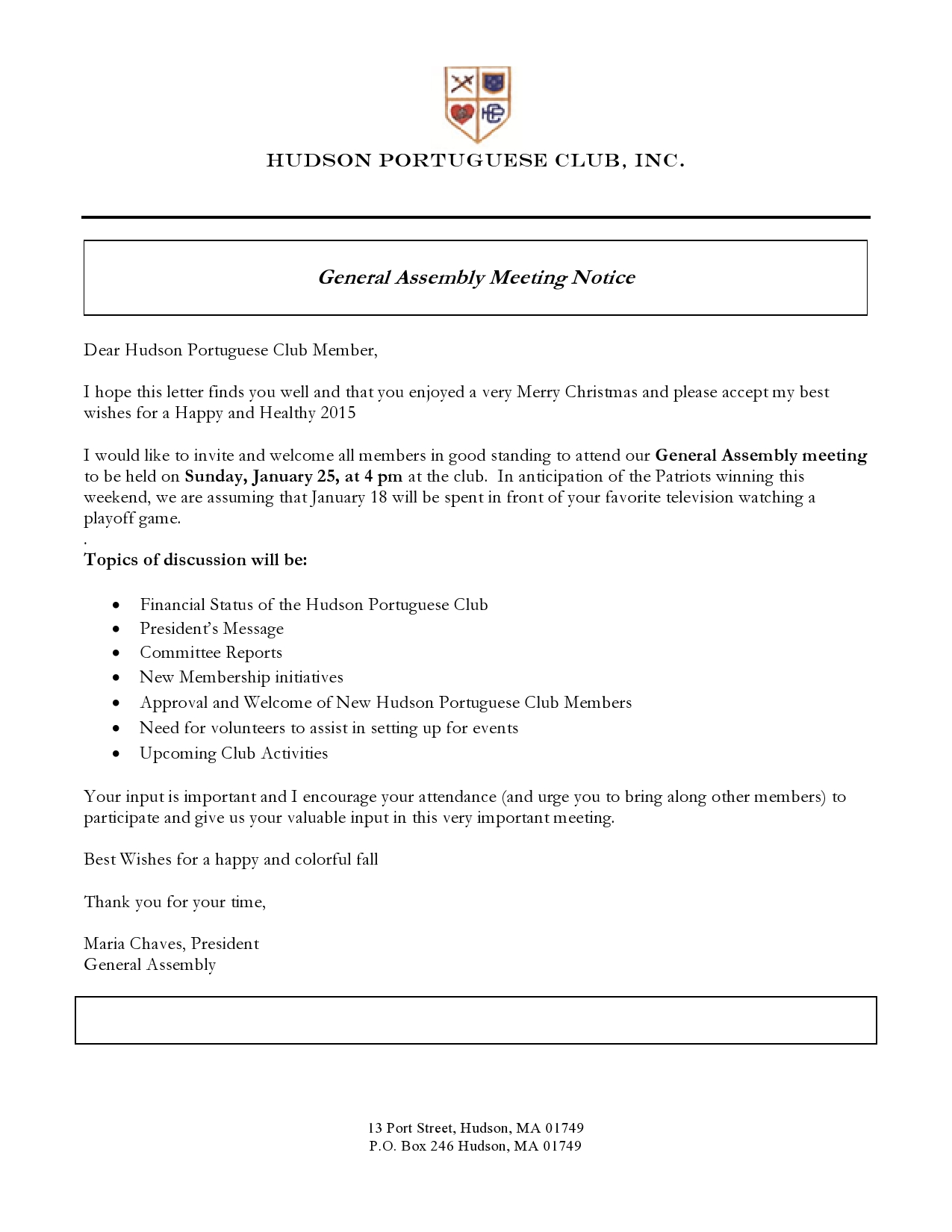 General assembly meeting january 25th hudson portuguese club